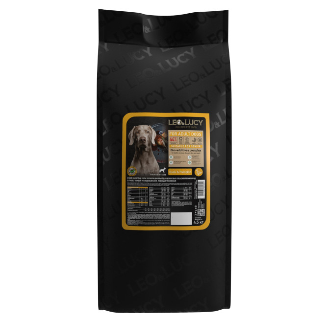 LEO&amp;LUCY сухой холистик корм для взрослых и пожилых собак крупных пород с уткой и тыквой - 4,5 кг