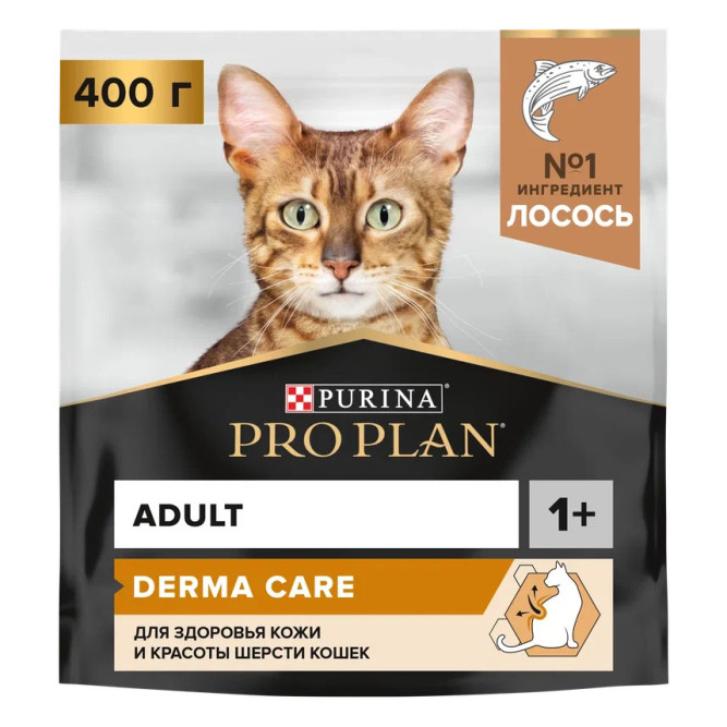 Pro Plan Adult Derma Care сухой корм для кошек взрослых кошек для здоровья кожи и красоты шерсти, с лососем - 400 г