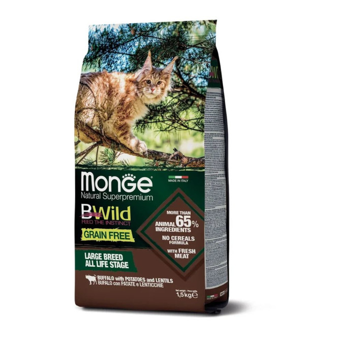 Monge Cat BWild Grain Free сухой беззерновой корм для крупных кошек с мясом буйвола 1,5 кг