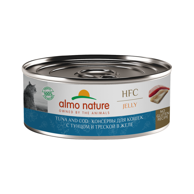 Almo Nature HFC Jelly Tuna and Cod влажный корм для взрослых кошек и котят с 3-х месяцев с тунцом и треской в желе, в консервах - 100 г х 12 шт