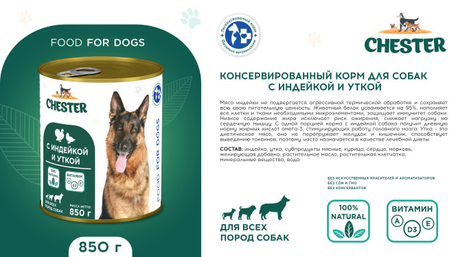 Chester влажный корм для взрослых собак всех пород, с индейкой и уткой, в консервах - 850 г х 6 шт