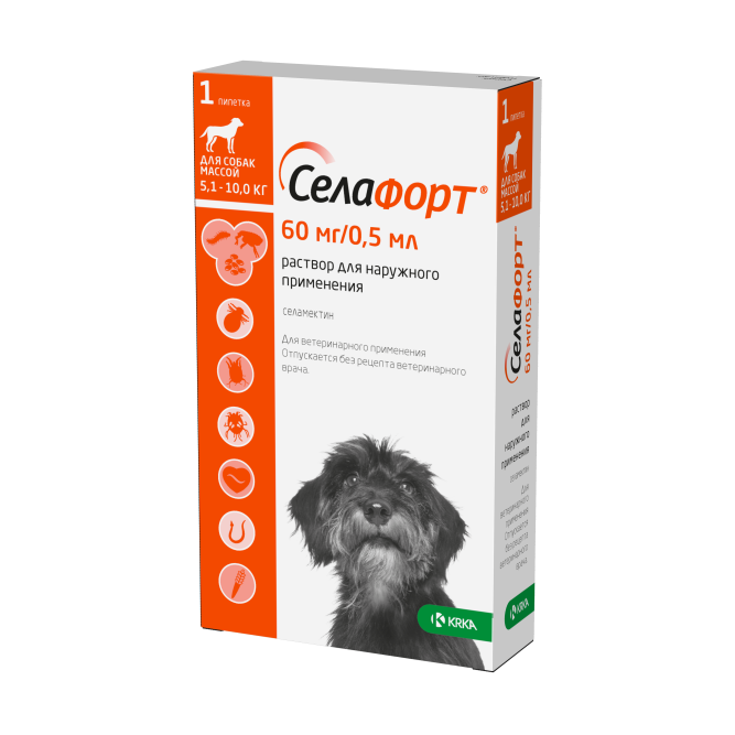 Селафорт капли от блох, вшей и власоедов для собак весом от 5,1 до 10 кг - 1 пипетка (60 мг/0,5 мл)