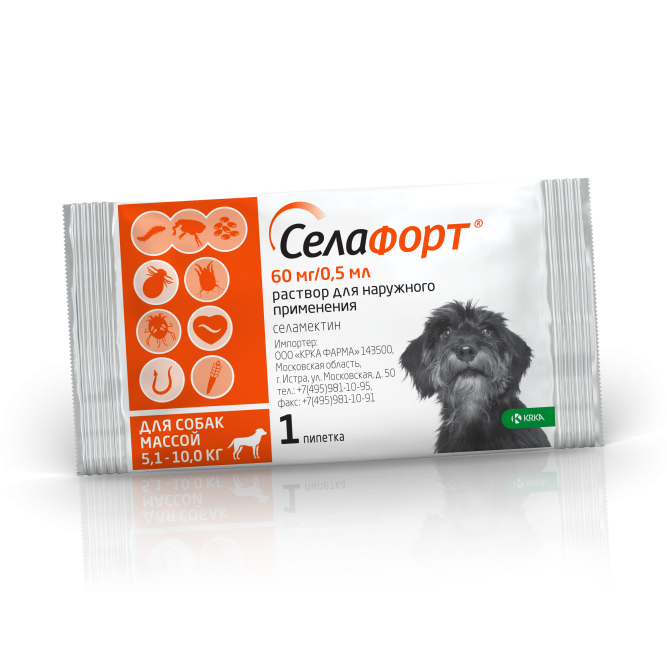 Селафорт капли от блох, вшей и власоедов для собак весом от 5,1 до 10 кг - 1 пипетка (60 мг/0,5 мл)