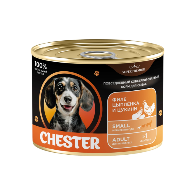 Chester Premium влажный корм для взрослых собак мелких пород с филе цыпленка и цукини, в консервах - 240 г х 12 шт