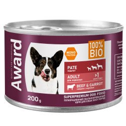 AWARD влажный корм для взрослых собак, паштет с говядиной и морковью, в консервах - 200 г х 12 шт