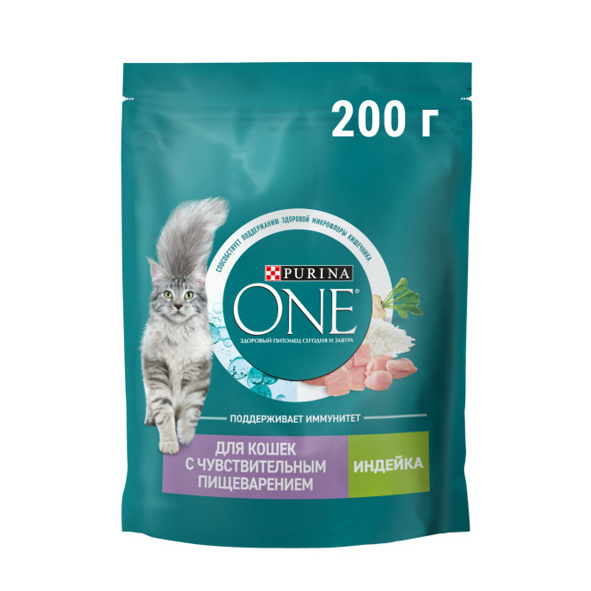 Purina One сухой корм для взрослых кошек с чувствительным пищеварением с индейкой и рисом - 200 г