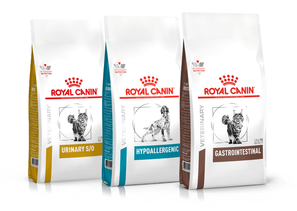 Три разных упаковок с кормом Royal Canin.